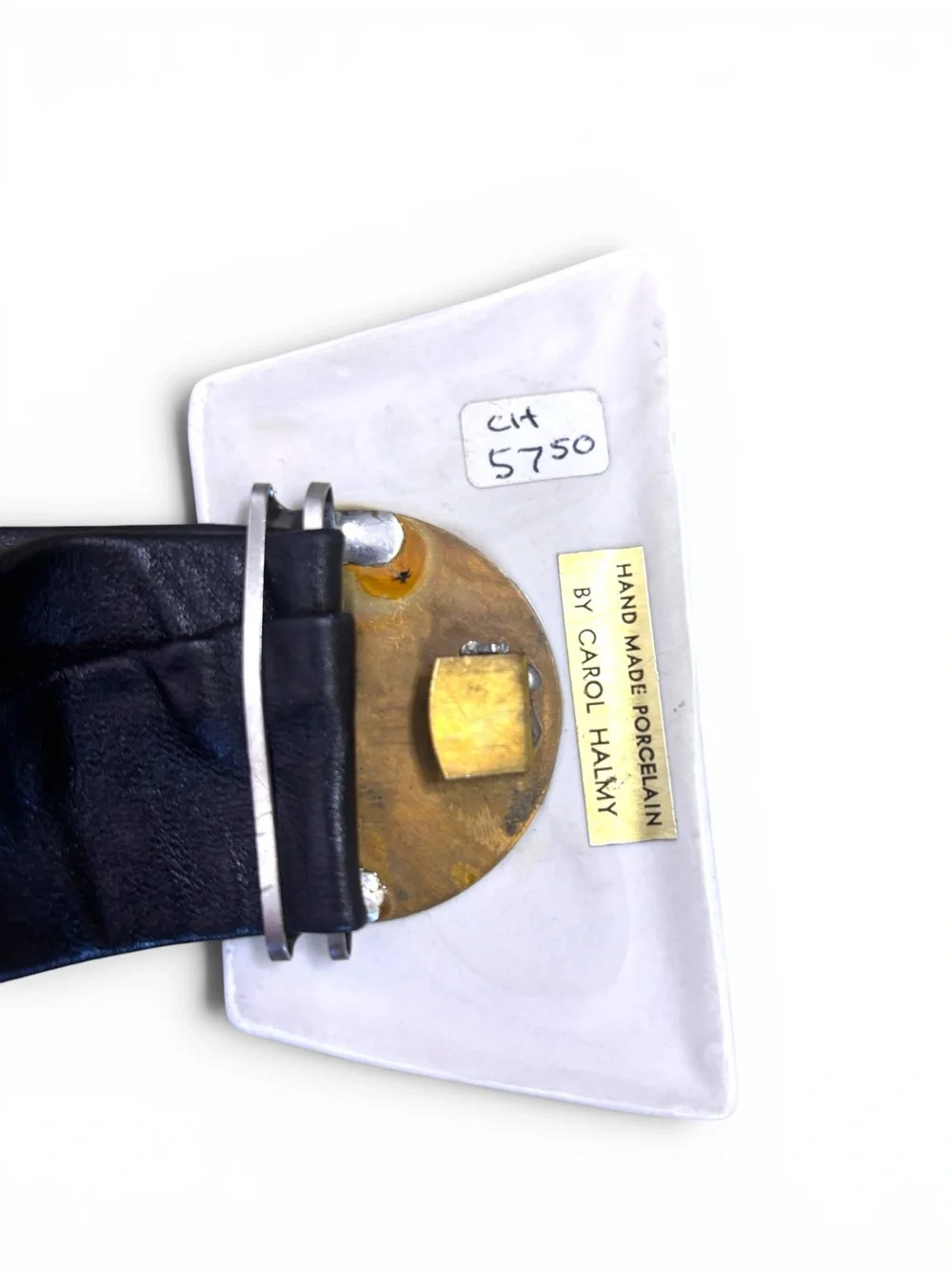 Vintage‎ Carol Halmy Black Leather Adjustable Belt with White Geometric Buckle